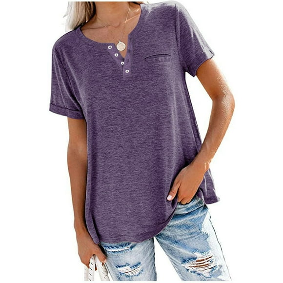 SMihono Womens Tops Summer Dressy Casual Women Fashion Solid Color V-Neck Button T-shirt Tops Short Sleeve Loose Blouse Oversize T-Shirt for Women