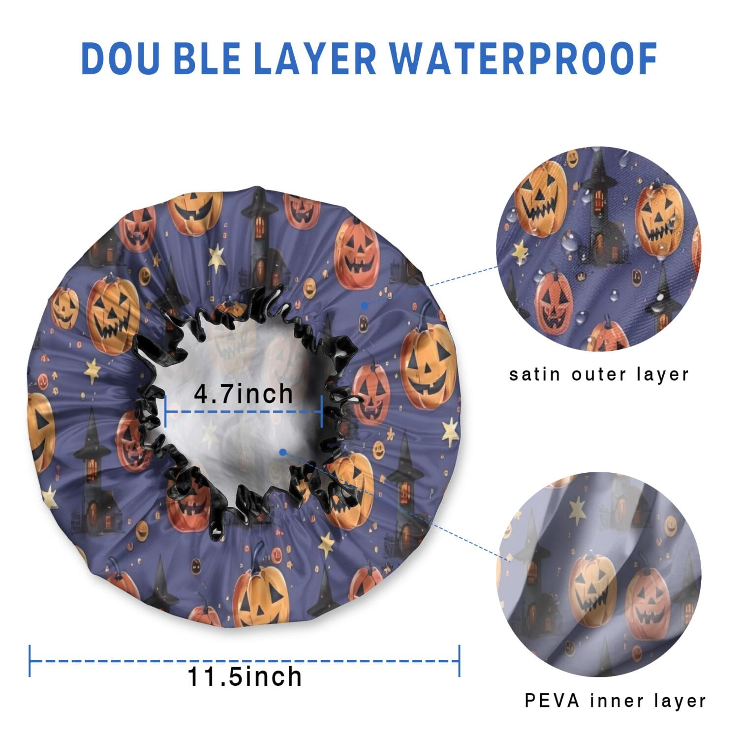 Shower Caps,Magical Pumpkin Castle Halloween Pattern Waterproof Shower Cap for Women 4 Pieces,Double Reusable Hair Cover for Shower PEVA Elastic Stretch Hem