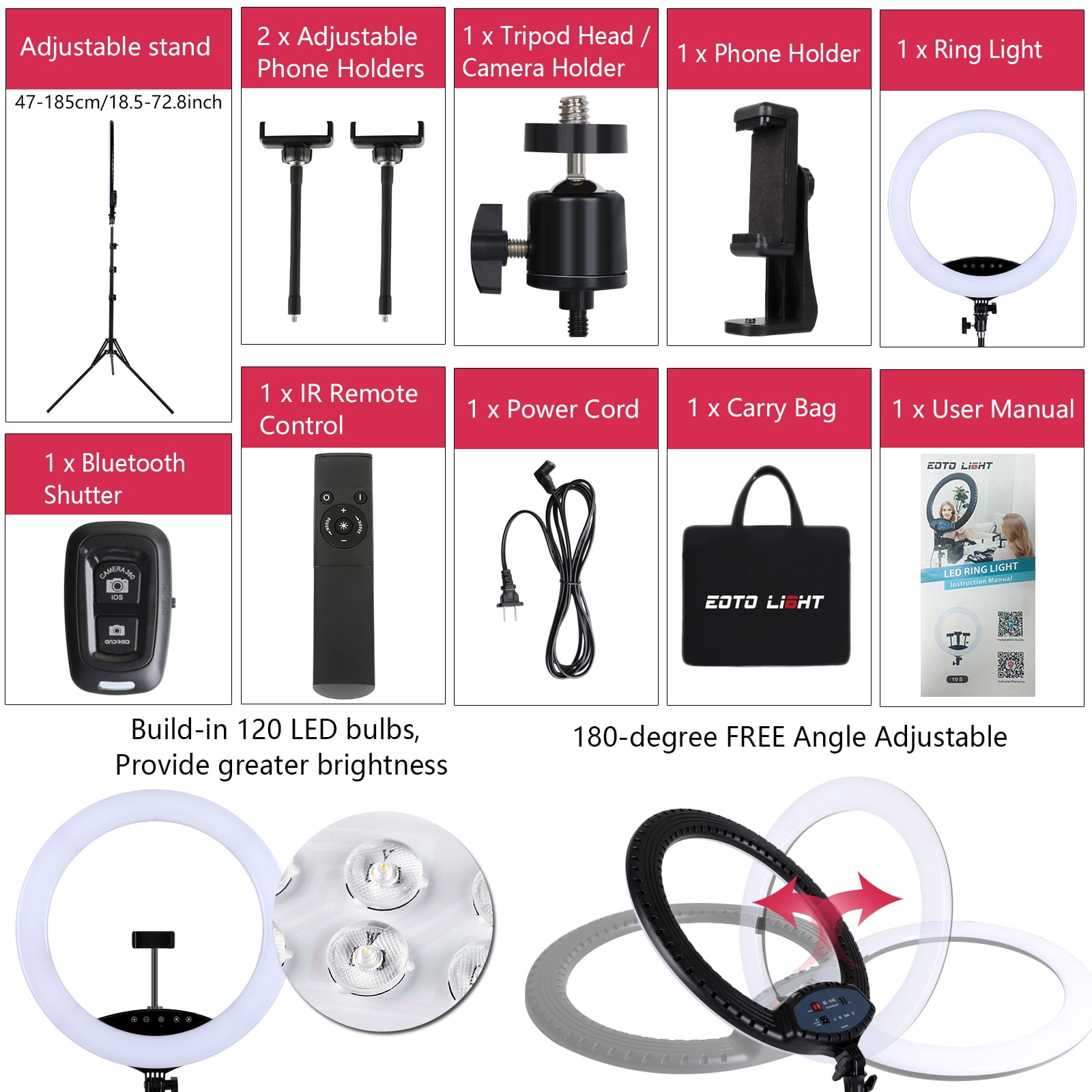 EOTO LIGHT 19 inch LED Ring Light with Tripod Stand, Ring Light with Touch Panel for Makeup Studio Portrait YouTube Vlog Video Shooting with Remote Controller, CRI>97