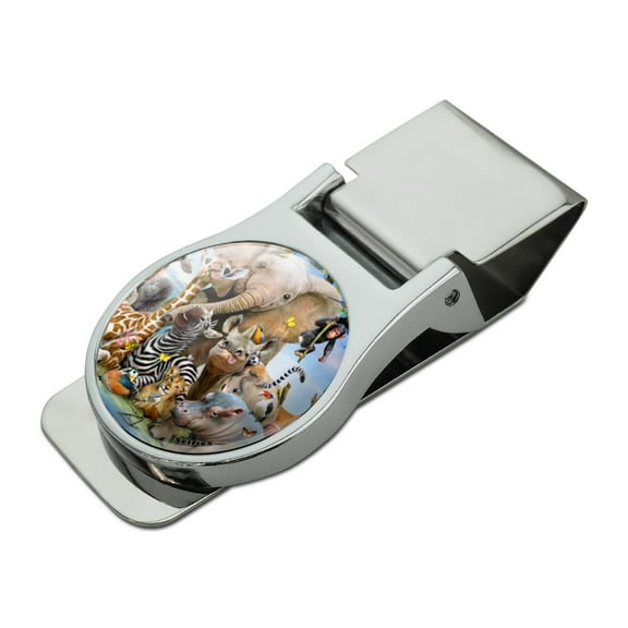Africa Animals Selfie Giraffe Elephant Lion Zebra Satin Chrome Plated Metal Money Clip