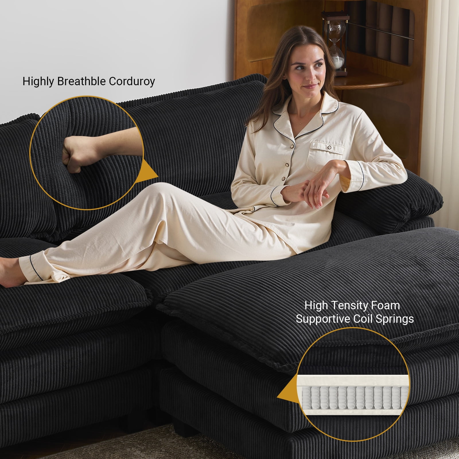 Zimtown 90“ Sofa Bed Couch with Pillow Arms and Double Layer Cushions, Corduroy Loveseat Sofa with Removable Ottoman for Living Room, Black