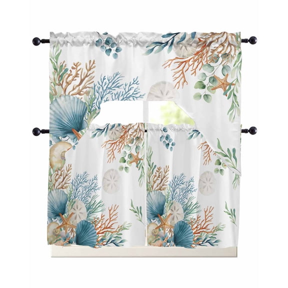 Beach Coastal Swag Curtains for Living Room/Bedroom Windows, Summer Nautical Coral Shell Botanical Kitchen Curtains and Valances Set 36 Inch Length, Light Filtering Swags Valance Curtain Panels