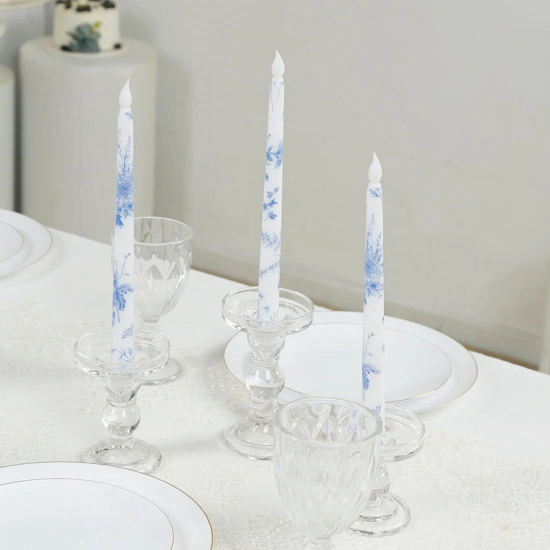 6 White Blue 11" tall French Toile Design Flameless LED Taper Candles Centerpieces