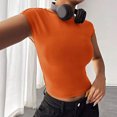 thumbnail image 2 of Blusa de manga corta de punto para mujer, elegante, de color liso, ajustada, con cuello redondo, para citas, color naranja S, 2 of 6