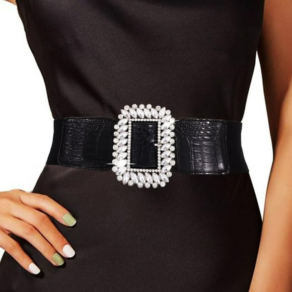 shiyou-Rhinestone Stretch Women Belts for Dress Wide Crystal Elastic Waist Belt Sparkle Bling Belts for Women