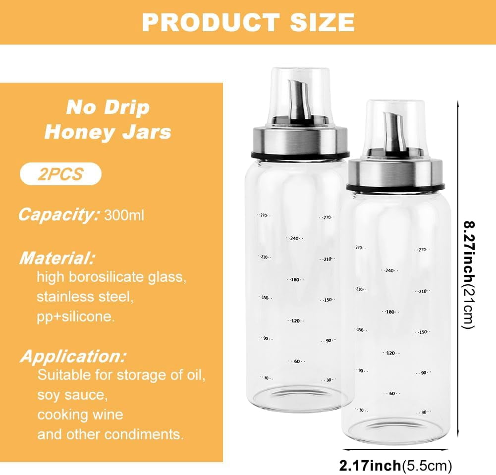 Glass Honey Dispenser Pot 10oz, Honey-Dispenser No Drip, Maple Syrup with Pour Spout and Cup, Container(COLOR:2clear)