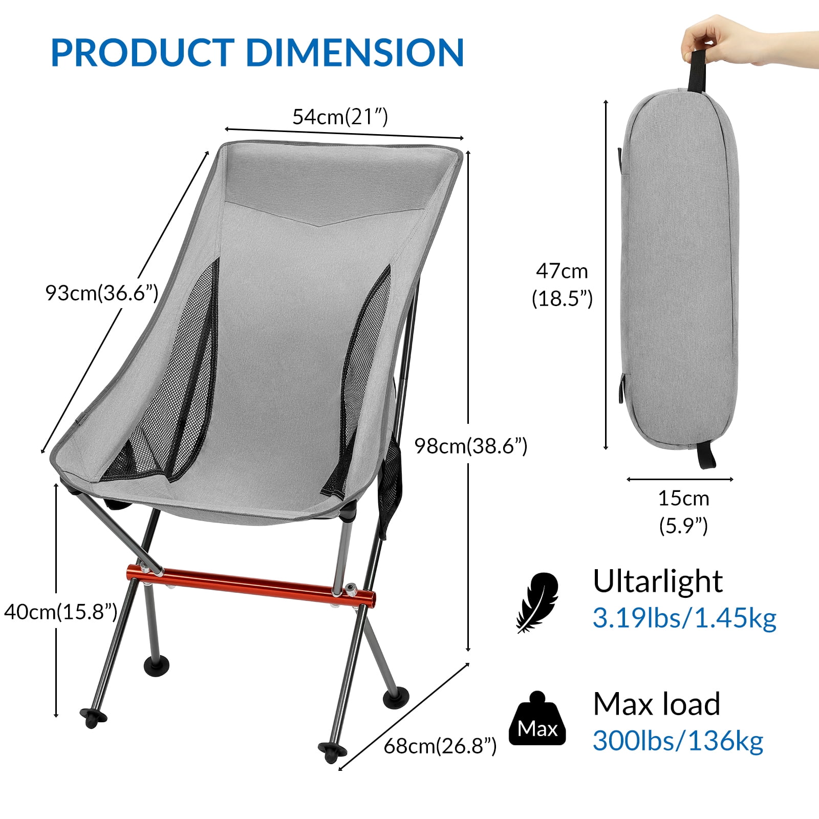 SHALLWE Ultralight High Back Folding Camping Chair, Upgraded All Aluminum  Frame for Adult, Built-in Pillow, Side Pocket & Carry Bag, Compact & Heavy  Duty for Outdoor Backpacking(Silver) 