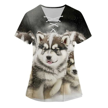 

Apepal Women Cute Animals Printed Short Sleeve V-neck Scrub Tops Working Pocket Blouse