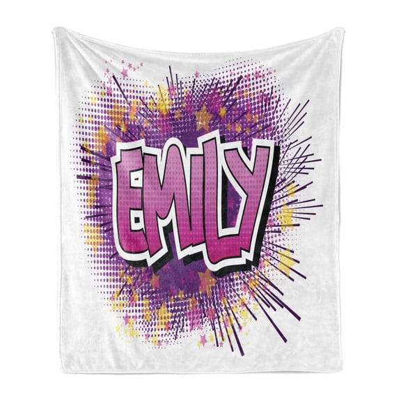 Emily Soft Flannel Fleece Throw Blanket, Hugely Popular Name in English with Pop Cartoon Elements Personal, Cozy Plush for Indoor and Outdoor Use, 60" x 80", Pale Yellow Fuchsia, by Ambesonne