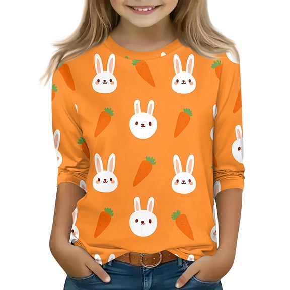Abcomgle Girls Easter Shirts Size 14 Cute Bunny Carrot Shirts for Kids Girls Crewneck Short Sleeve T-Shirts for Girls Spring Funny Holiday Top for Girls,Orange,9-10Years