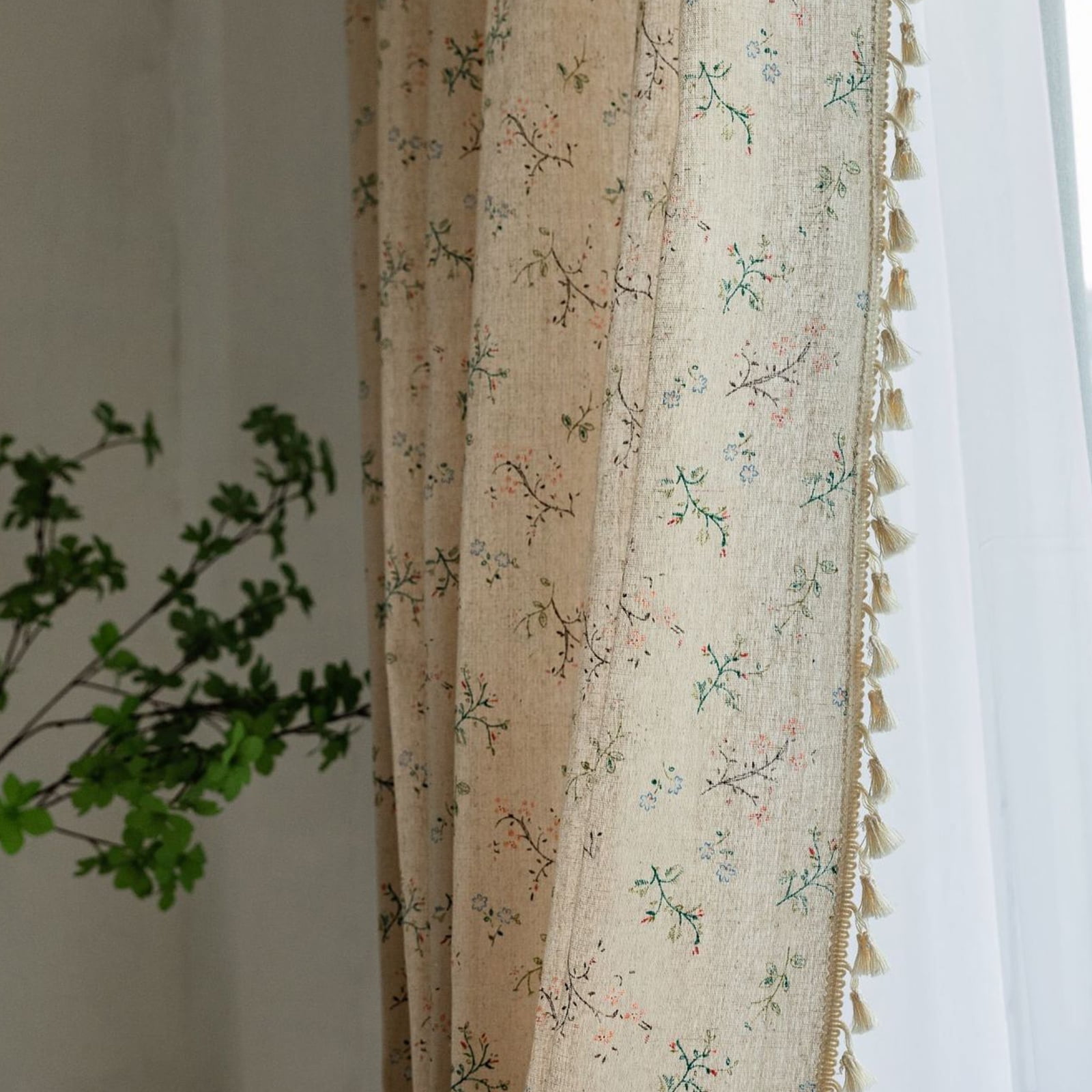 Seasonwood Linen Curtains for Living Room,Semi-Blackout Floral Curtains,Beige Farmhouse Curtains 59"x84",2 Panels