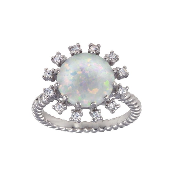 Rhodium Plated 925 Sterling Silver Round Flower Simulated Opal Ring White CZ Female Size 6
