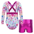 thumbnail image 2 of YONGHS 2pcs Kids Girls Dance Outfit Long Sleeve Leotard with Shorts Set for Gymnastic Workout Sports Rose 14, 2 of 7