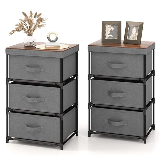 Fabric Dresser Set of 2 with 3 Drawers, Nightstand for Bedroom, Bedside Table with Removable Fabric Bins & Handles, End Table, Sofa Side Table for Living Room, Entryway, Grey & Rustic Brown