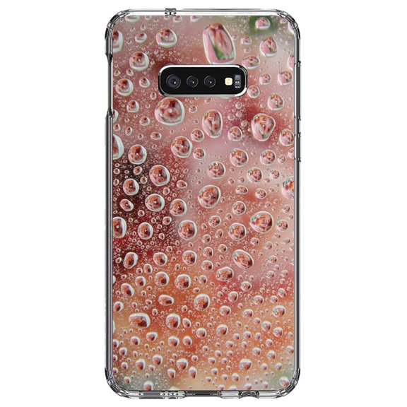 DistinctInk Clear Shockproof Hybrid Case for Samsung Galaxy S10e (5.8" Screen) - TPU Bumper, Acrylic Back, Tempered Glass Screen Protector - Red Water Droplets Glass
