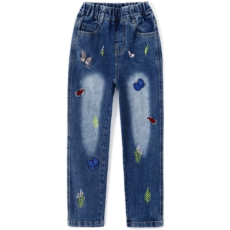 KIDSCOOL SPACE Ruffled Elastic Waist Colorful Button Decor Vertical Pocket Jeans for Girls 14-15 Years KIDSCOOL SPACE Ruffled Elastic Waist Colorful Button Decor Vertical Pocket Jeans for Girls 14-15 Years