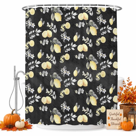 Yellow Lemons Shower Curtain, Waterproof Shower Curtains for Bathroom, Pastoral Leaves Floral Garden Plants Black Washable Fabric Bathtub Curtain Set Bath Decor with 12 Hooks Extra Long 72"x96"