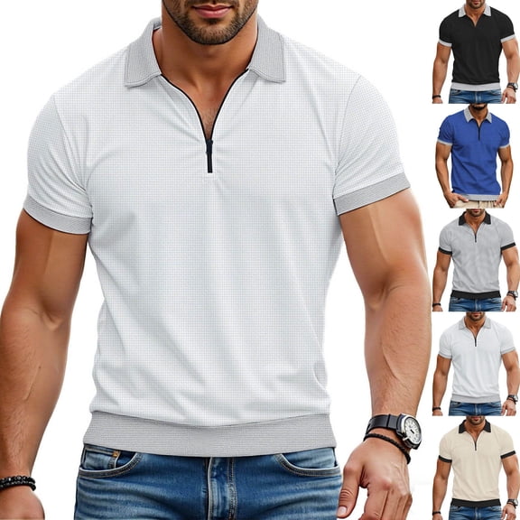 Eygvbb Men's Short Sleeve Casual Shirts Zip Up Collar Summer Tops Athletic Workout Gym Running Sports Tee Slim Fit Muscle Shirt Breathable Lightweight Top