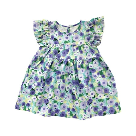 

AOMPMSDX Little Girls Dresses Toddler Sleeveless Ruffles Purple Floral Pattern Sun Style Casual Summer For 1 To 9Y Princess Party Dresses