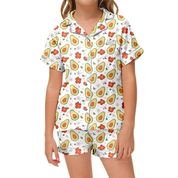 Kids Satin Pajamas for Girls Boys Fruit Print 2 Piece Short Sleeve Button-Down Nightwear with Shorts Set Girls Summer Fall Clothes Teen Pajamas Girls 8-9 Years