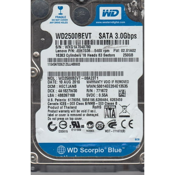 WD2500BEVT-08A23T1, DCM HECTJANB, Western Digital 250GB SATA 2.5 Hard Drive