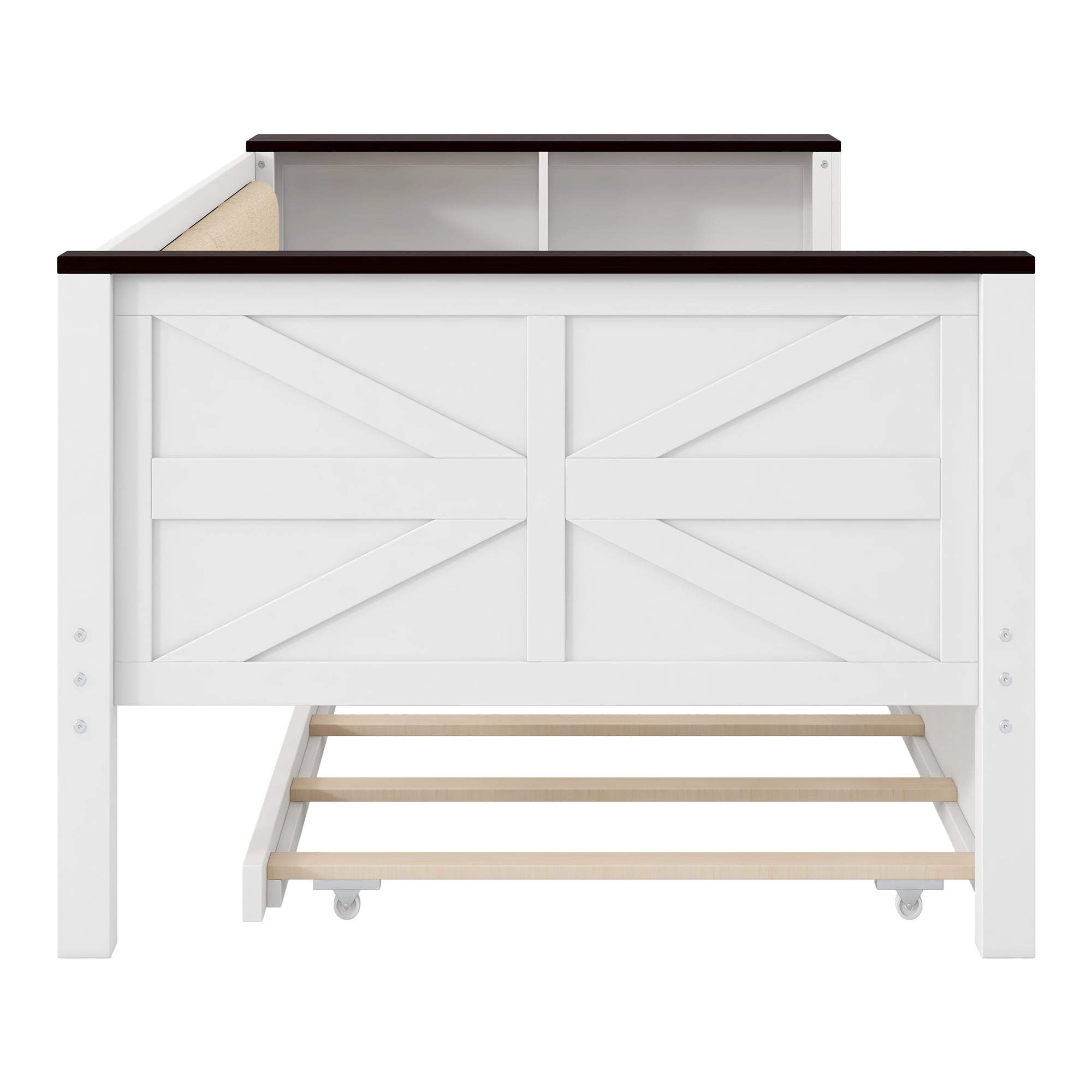 Alvantor Twin Size Wood Daybed with Trundle, Upholstered Bed Frame with Storage Shelves and USB, White