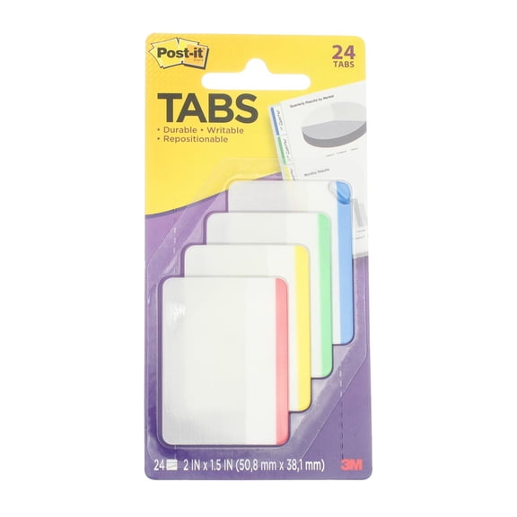 Post-it Tabs, 2" Wide, 4 Assorted Primary Colors, 24 Tabs