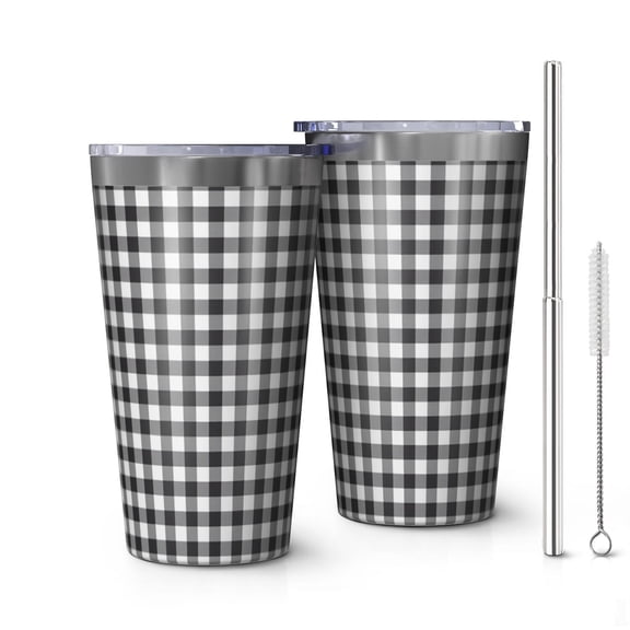16oz Tumblers Black White Gingham Checkered Pattern Stainless Steel Vacuum Insulated Double Wall Travel Tumbler Cups Mug with Lid and Straw,Cleaning Brush for Coffee,Tea