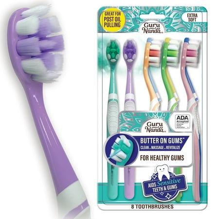 GuruNanda Butter on Gums Toothbrush - Extra Soft Bristles - ADA Accepted - Multi-Colored for Adults & Kids - 8 Pack