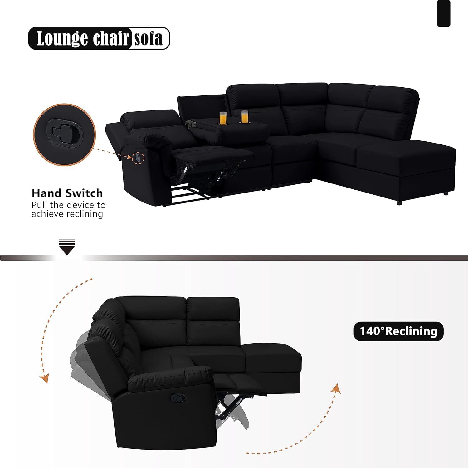 Aukfa Leather Sectional Sofa Couch, 110" Recliner Sofa Chair with Storage Chaise for Living Room, 5 Seater, Black