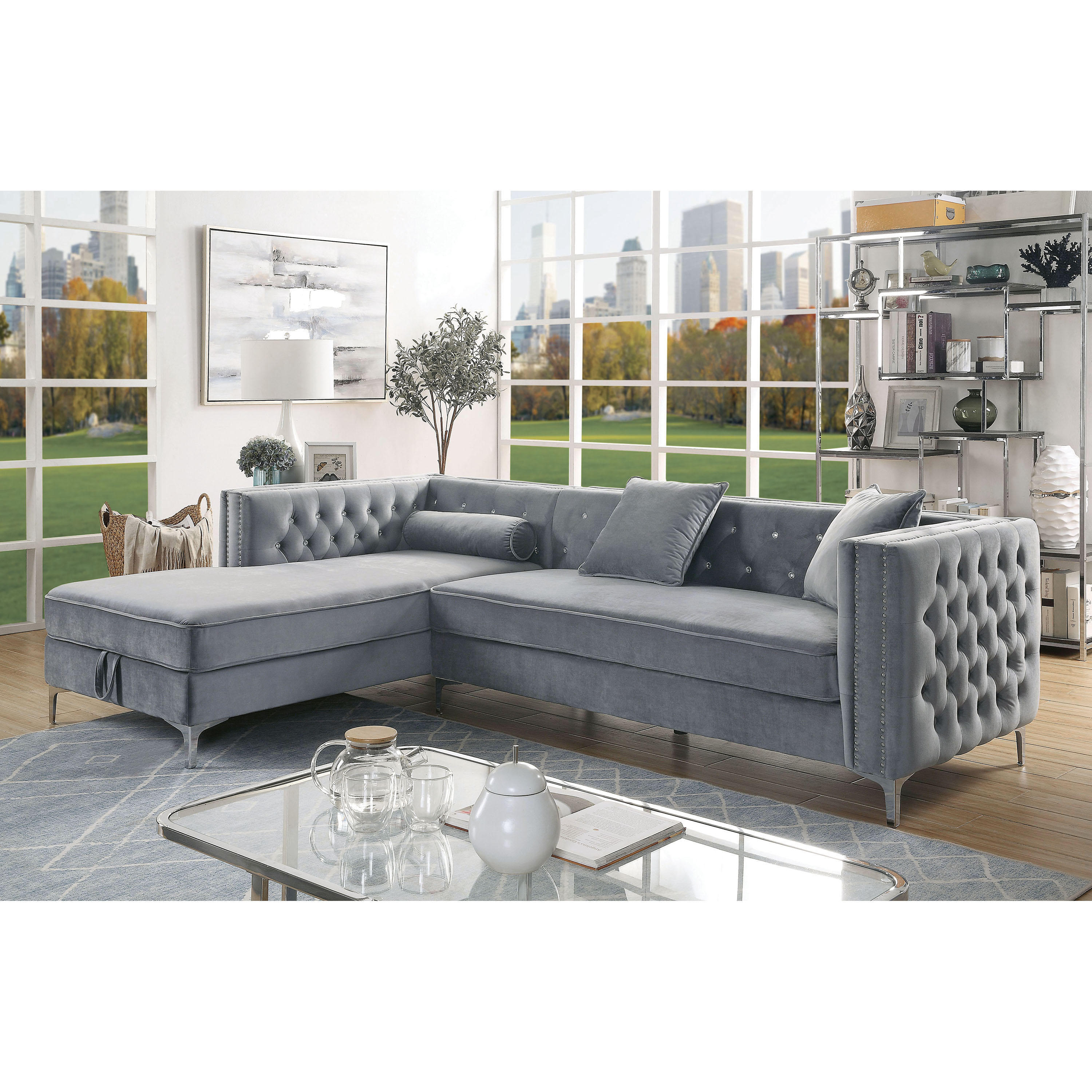 Furniture of America Tufted Fabric Glam Ginny Sectional, Gray