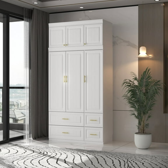 KULAGAGA Wardrobe Armoire Closet Cabinet with Hanging Rod, Drawer and Top Cabinet for Bedroom, Laundry Room, White