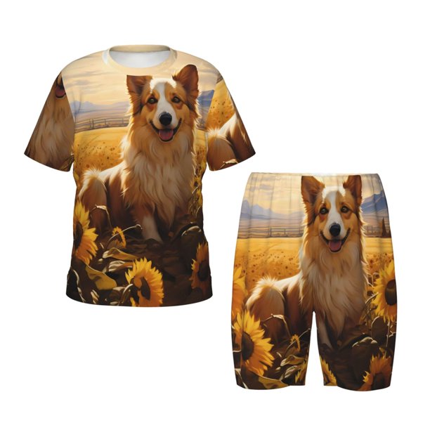 Balery Pastoral Sunflower Corgi Conjunto de Pijama Infantil de Manga Corta con Estampado – Ropa de Dormir de Algodón Suave-Medium