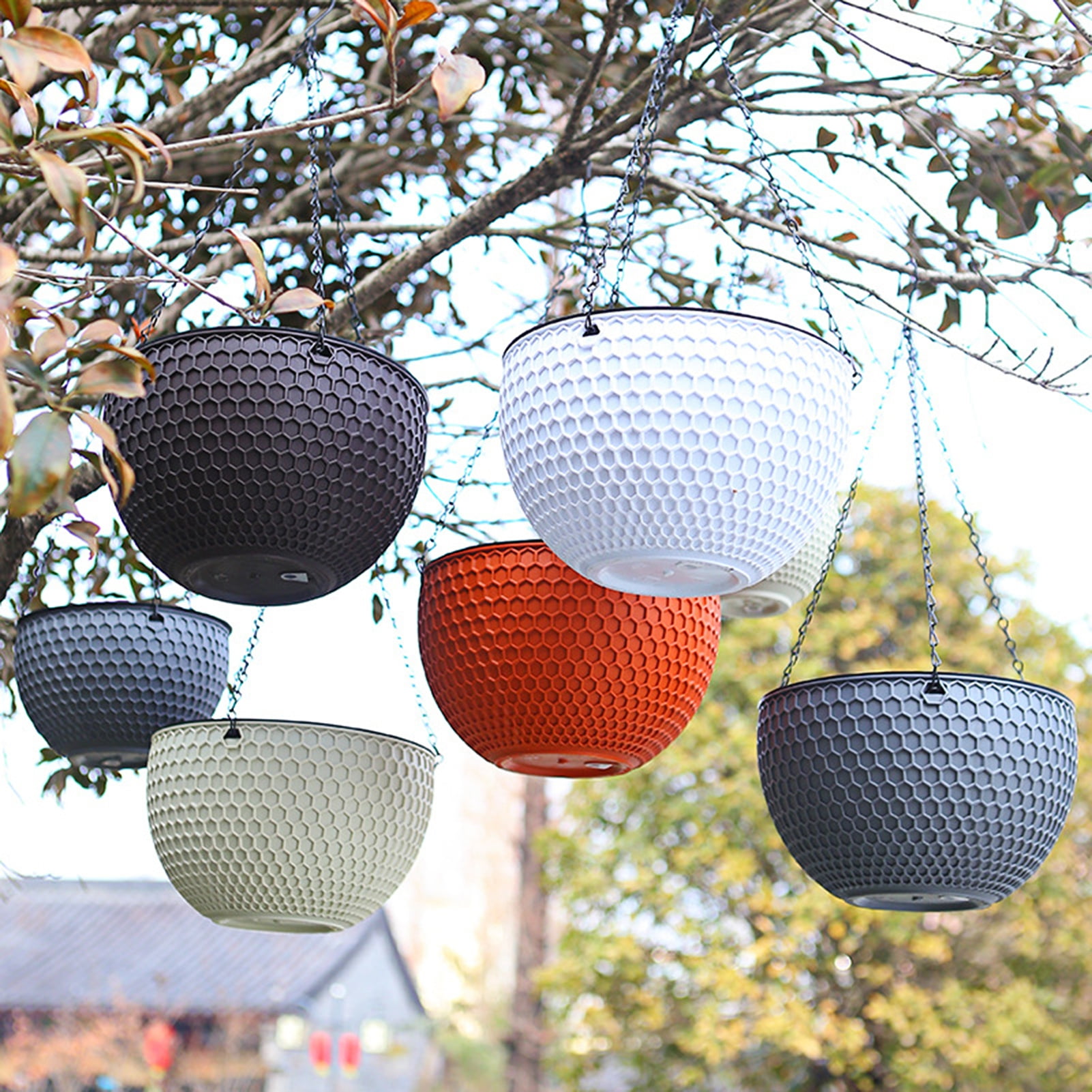 Bobasndm Round Resin Hanging Planters, Self Watering Hanging Basket for Indoor Outdoor Plants