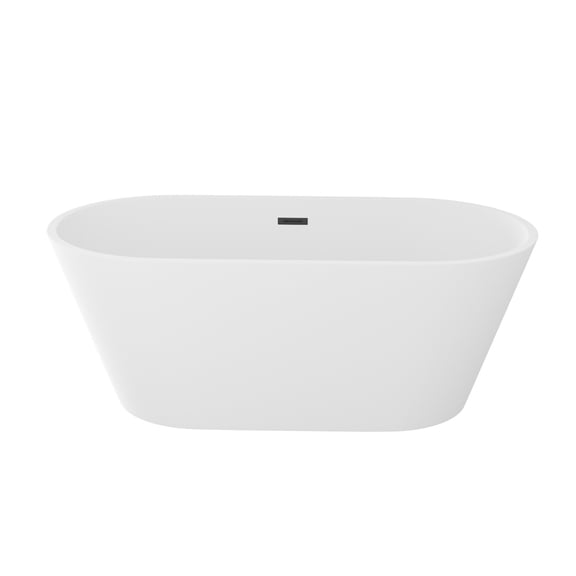JERFIT 59 Inch Freestanding Soaking Bathtub, Glossy White Acrylic Standalone Tub with Rolled Rim & Black Drain