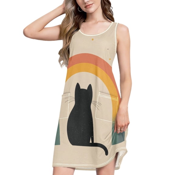 FORMRS Summer Dress for Women Loose U Neck Sleeveless Midi Beach Sundresses with Pockets, Beige Cat Rainbow