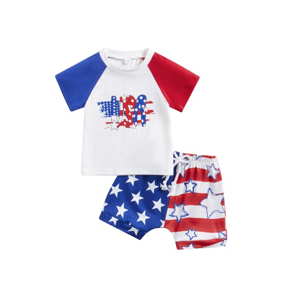 Bagilaanoe 4th of July Clothes for Toddler Baby Boys Short Sleeve Letter Print T Shirt Tops   Stars Stripes Shorts 6M 12M 18M 24M 3T Kids Independence Day Outfits 2pcs Short Pants Set