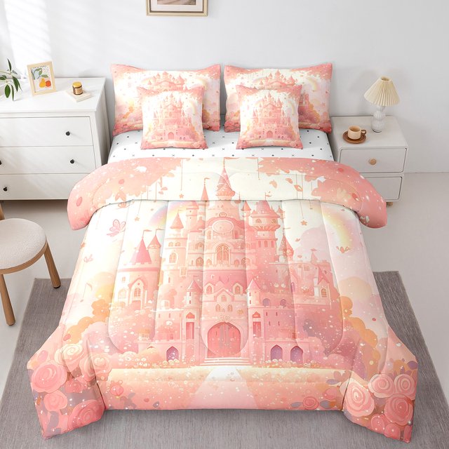 YST Girly Castle Bed In A Bag 7 Piece Queen Romantic Castle Comforter Set,Dreamy Garden Flowers Bedding Sets Rainbow Butterfly Roses Floral Sheet Set with Comforter Princess Palace Room Decor