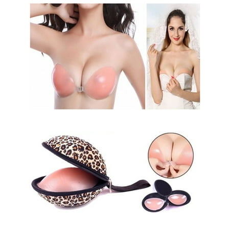 iClover Reusable Self-adhesive Silicone Push Up Strapless Backless Stick On Invisible Bras & Storage Box for Wedding Party Swimming,Classic Thin Cup