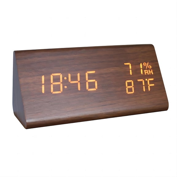 Lancoon Wooden Digital Alarm Clock, Time Date 12/24H Temperature Humidity Display Sound Activation 3 Level Brightness Battery Operated Desk Clocks for Home Bedroom