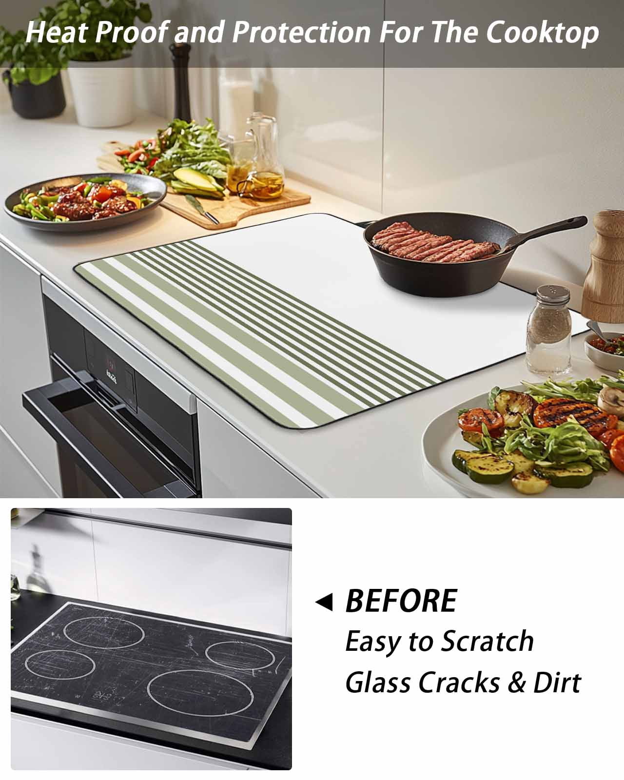 Stove Top Covers for Electric Stove, Sage Green Striped Glass Stovetop Cover Protector, Modern Farmhouse Stripes Induction Cooktop Protector Oven Mat for Kitchen Countertop 24"x21"