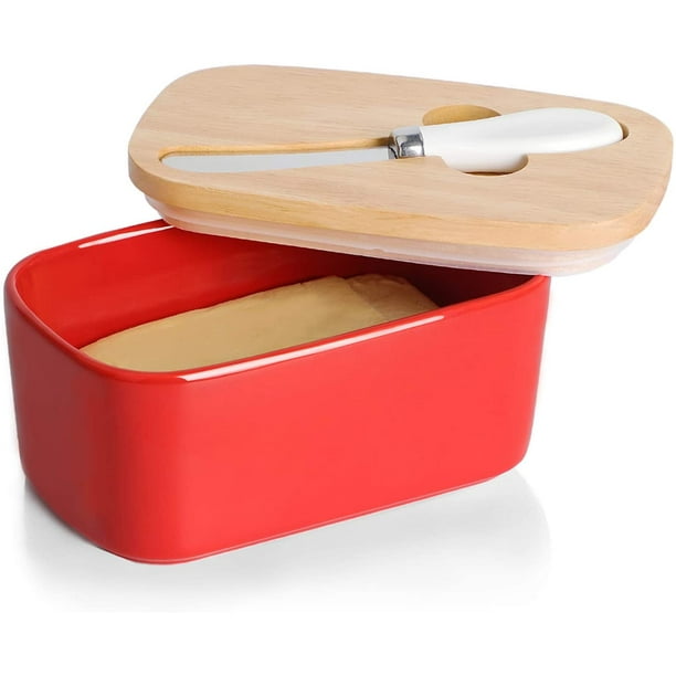 Gdcz Ceramics Butter Dish Large Porcelain Butter Holder With Wooden Lid And Steel Knife 2 Sticks Of Butter Red Walmart Com Walmart Com
