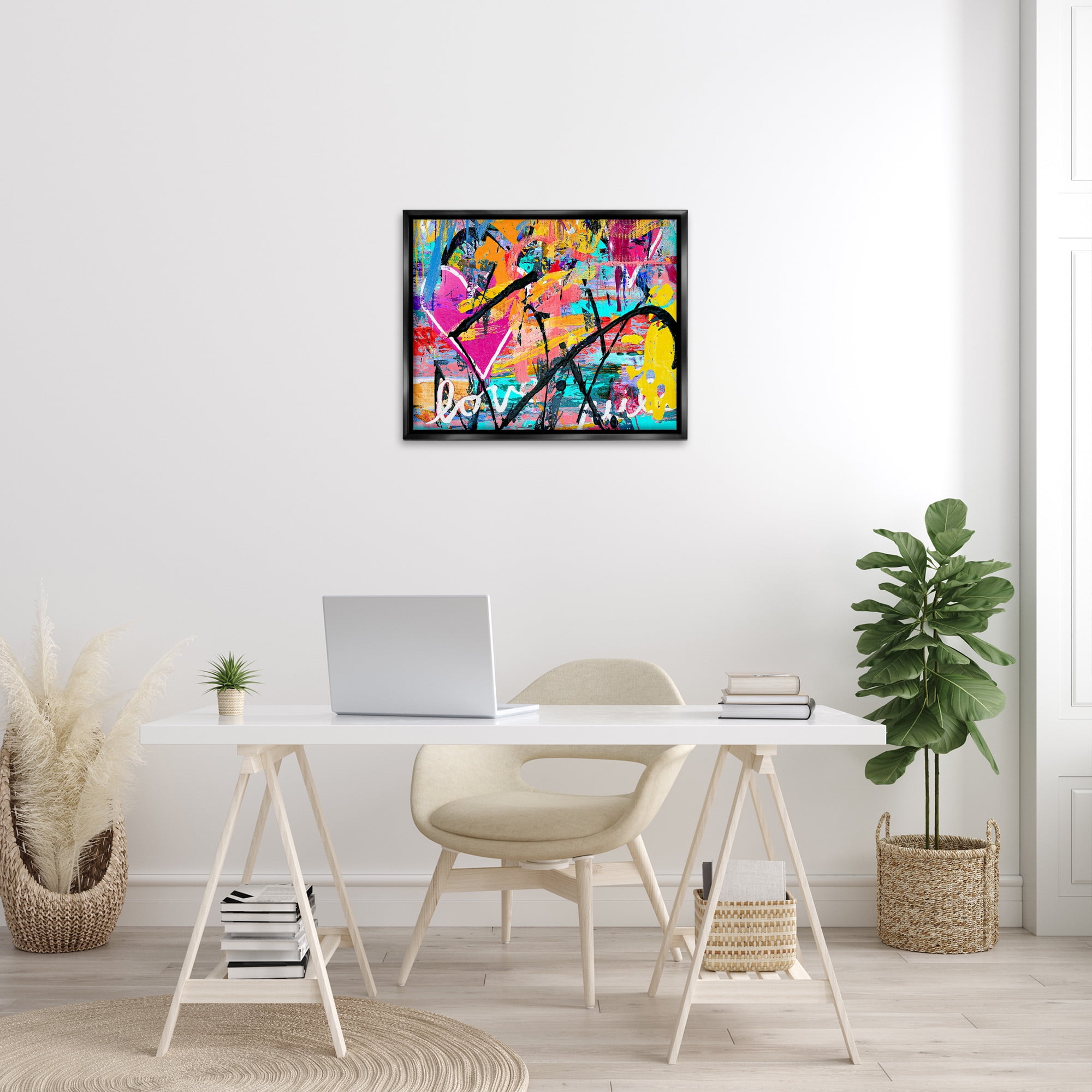 Stupell Industries Vivid Love Graffiti Collage Abstract Painting Black Floater Framed Canvas Art Print Wall Art, 31 x 25