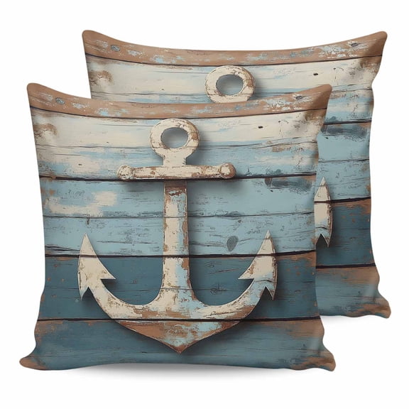 Pillow Covers 16x16 Set of 2, Vintage Anchor Throw Pillow Covers Decorative Couch Cushion Cover, Retro Farmhouse Nautical Wooden Microfiber Soft Square Pillowcases for Bedroom Living Room Sofa