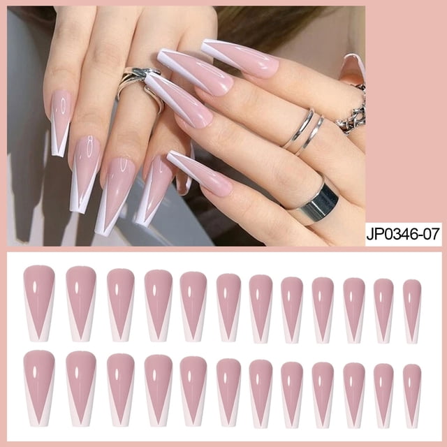 WIFKLSIIPG Light Pink French Long False Nail Patch 24 Piece Press Nail Product for Women Removable and Reusable