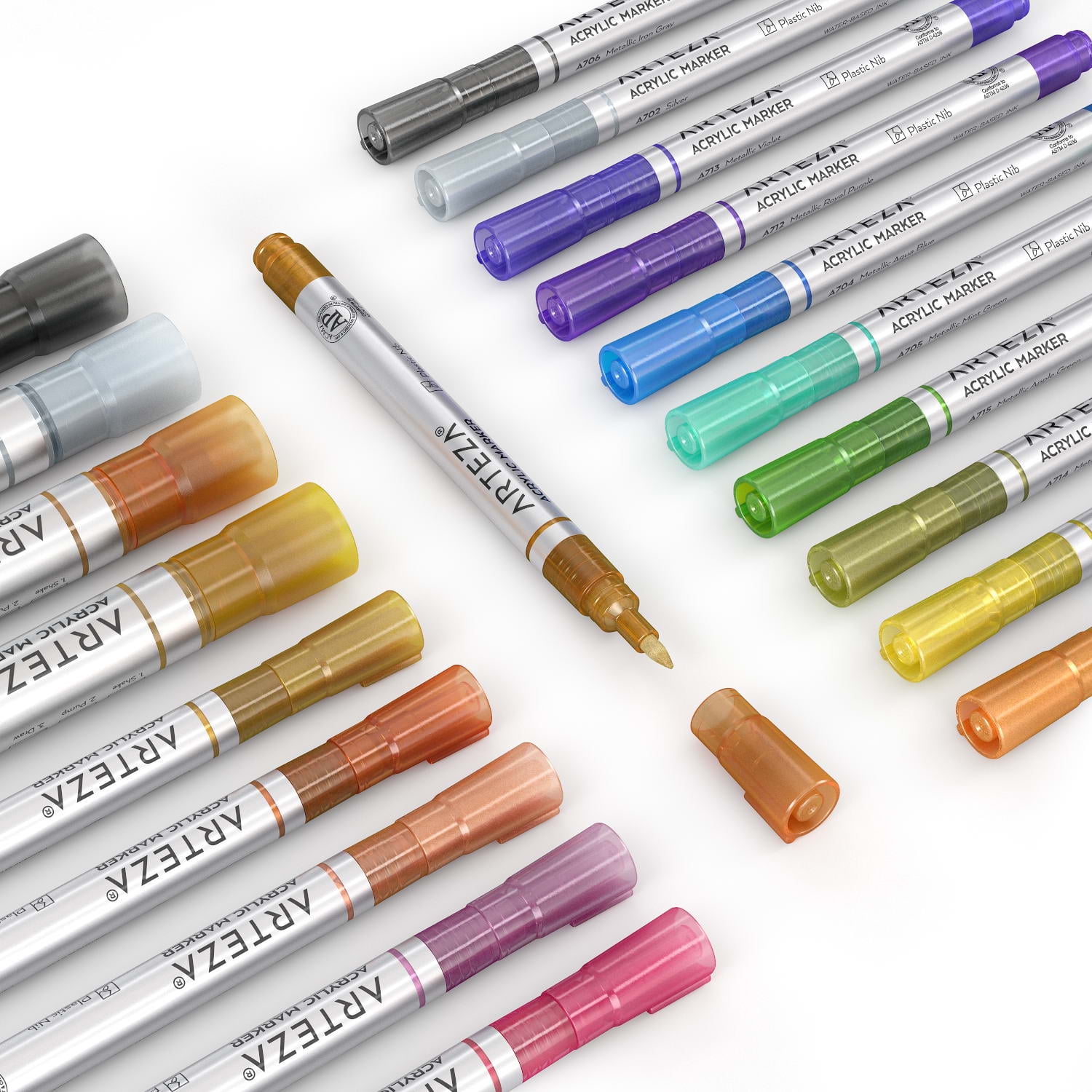 Arteza Metallic Acrylic Paint Markers, Fine Nib, Assorted Metallic Colors, 20 Count