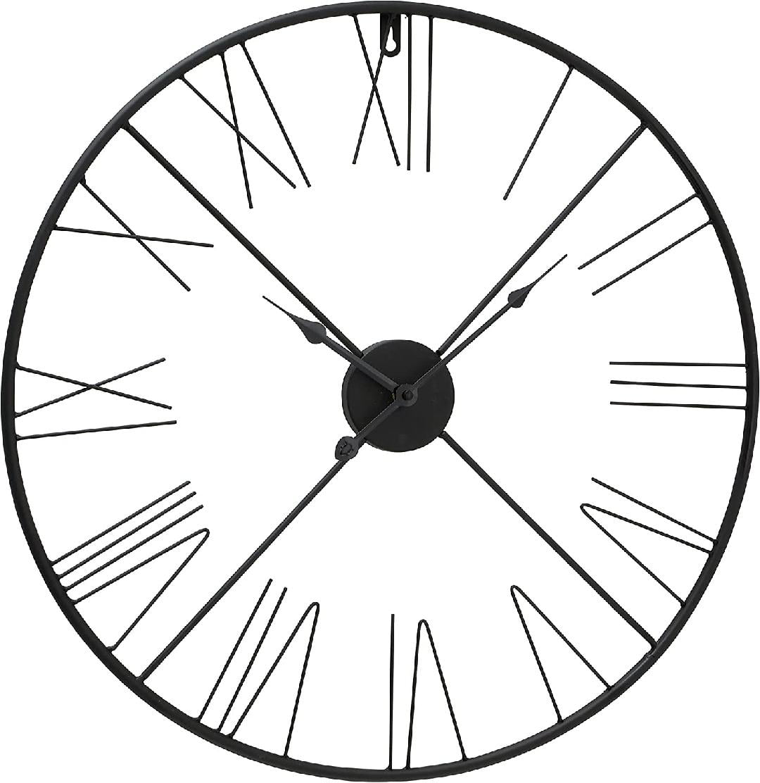 Large Roman Numeral Wall Clock, Quartz Movement, Black, Open Metal Work, Iron, 22.5 Inch