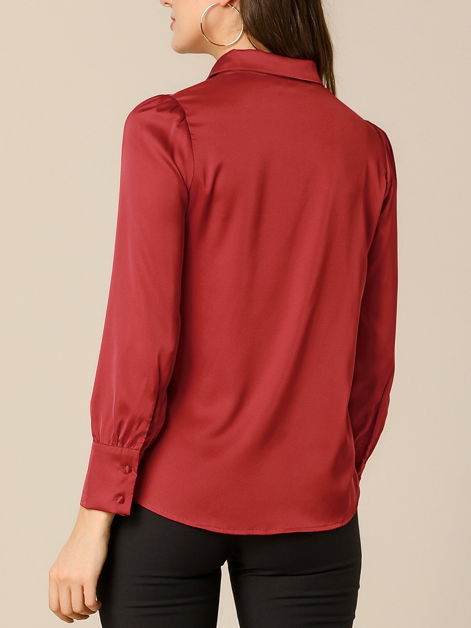 DARING DIVA Women's Satin Blouse Puff Long Sleeve Collared Button Down Shirt XL Red