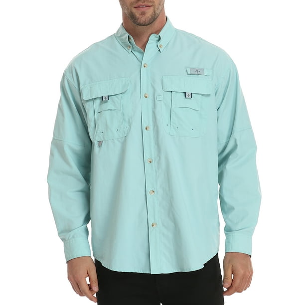 LRD Men's UPF 30 Long Sleeve Button Down Fishing Shirts Light Blue XXL