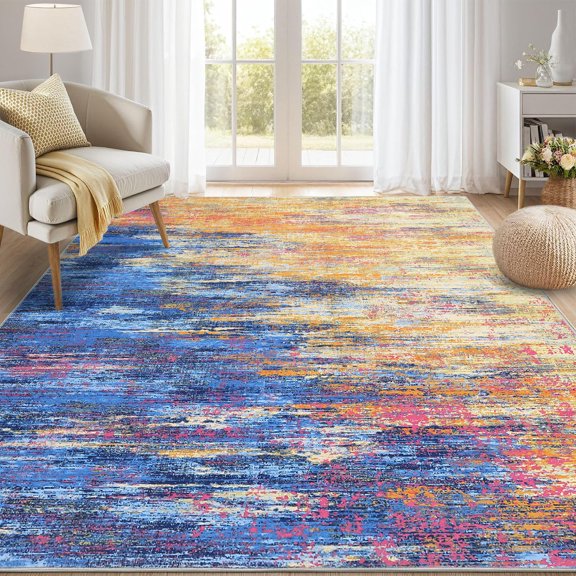 Assaile 8 x 10 ft Polyester Pearl Velvet Rainbow Rectangular Hallway Bathroom Entryway Kitchen Office Foldable Abstract Printed Modern Washable Area Rug